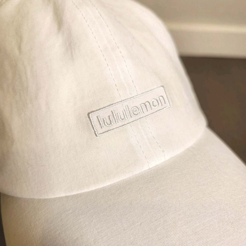 Lululemon White Baseball Cap Hat Adjustable Strap Box Logo Metal Detail OS